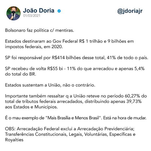 Postagem em uma rede social de João Doria, governador de SP