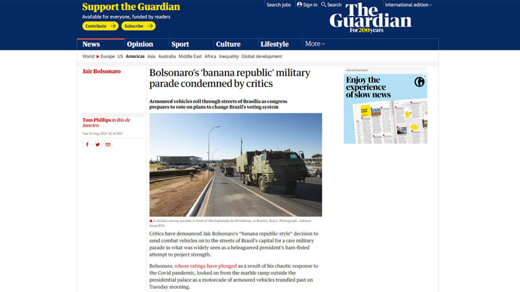 The Guardian chama exercício militar de ‘desfile da República de Bananas de Bolsonaro’